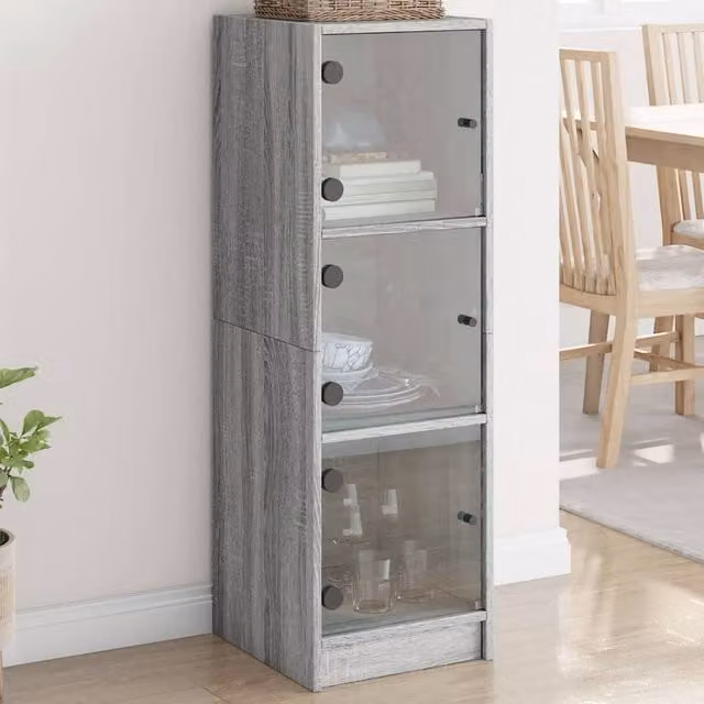 Berkfield Home Highboard with Glass Doors in Grey, W/D/H: 35 x 37 x 109 cm