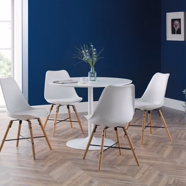 Julian Bowen Modern White Round Dining Table and 4 Chairs Set