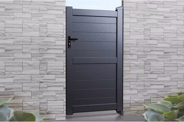 Ready Made Grey Pedestrian Swing Gate with Horizontal Solid Infill and Flat Top, W: 90 cm, H: 180 cm