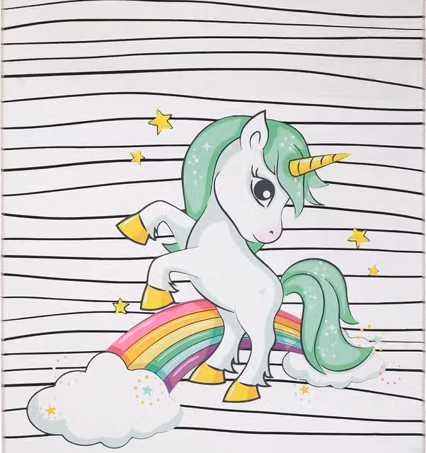 Woohoo Furniture Flatweave Unicorn Kids Chenille Rug in Green and Multicolour