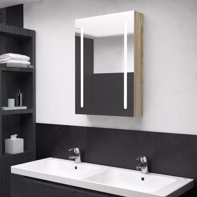 Berkfield Home LED Bathroom Mirror Cabinet in Brown Oak, W/D/H: 50 x 13 x 70 cm – 1