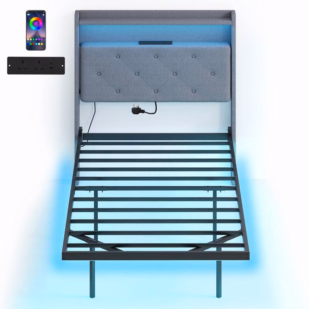 HOMCOM Grey Upholstered Floating Bed Frame with RGB LED Lights, USB Charging Ports and Side Compartments, W/D/H: 150 x 200 cm – 5