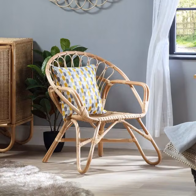 Desser Scandinavian Rattan Armchair in Beige and Yellow with Geometric Design