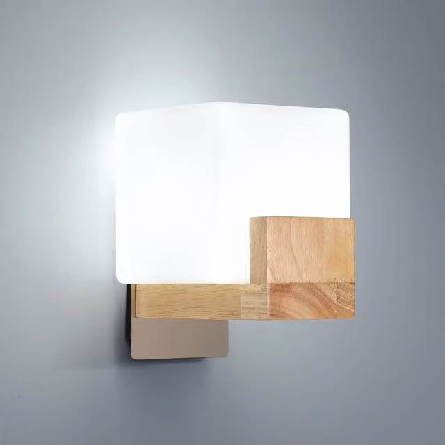 Goeco Modern Square Wall Light in Natural Wood and Glass with LED Bulb – 1