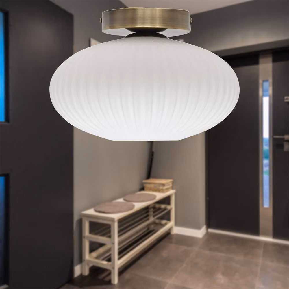 First Choice Lighting Baton Oval Glass Ceiling Light Fitting in White and Antique Brass – 2