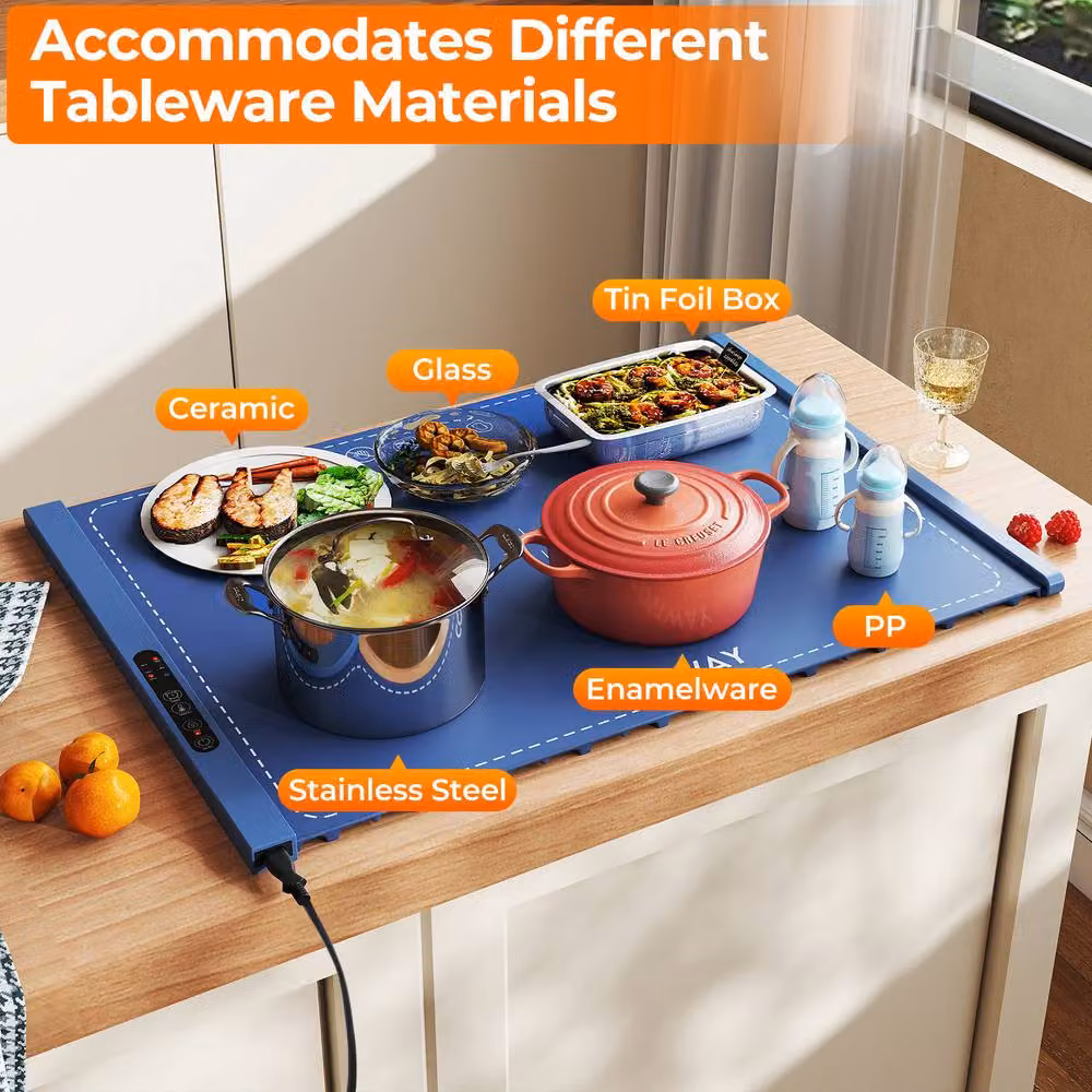 Costway Rollable and Portable Electric Silicone Food Warming Mat in Blue with Timer and Auto Shut-off – 5