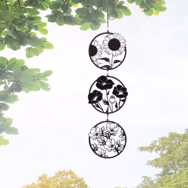 Betley Butterfly Floral Flower Hanging Silhouette Trio Metal Wind Spinner Ornament in Black