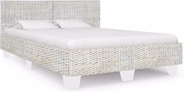 Berkfield Home Grey Natural Rattan and Mango Wood Bed Frame with Lift Up Base W: 140 cm, D: 200 cm