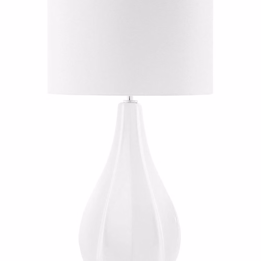 Wyld and Coco Teardrop Porcelain Table Lamp with White Faux Silk Drum Shade and Gold Brass Details, Height: 60 cm – 2