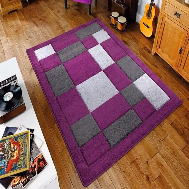 Havana Hand Carved Thick Rectangular Area Rug in Purple and Grey, Width: 110 cm