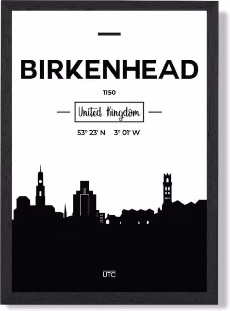 ARTZE Birkenhead Black and White City Skyline Framed Print, Black Frame, A2 – 1