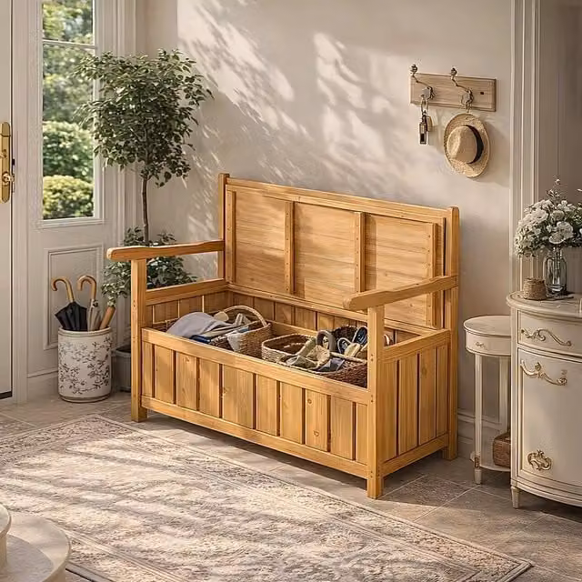 EONLION Natural Wooden Outdoor Storage Bench Box in Brown for your Garden or Terrace, Width: 100 cm