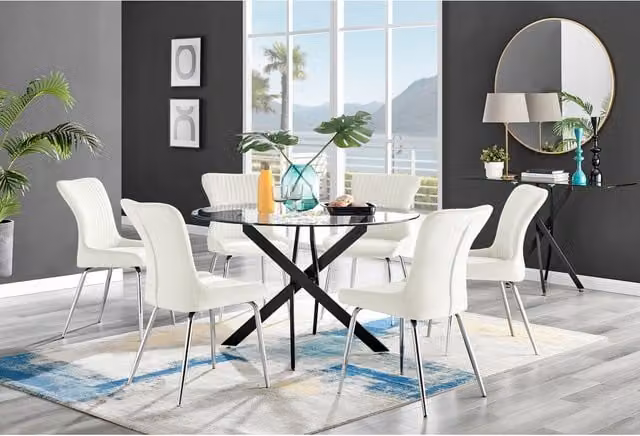 FurnitureboxUK Novara Round Glass Dining Table with 6 Nora Silver Leg Chairs in Cream