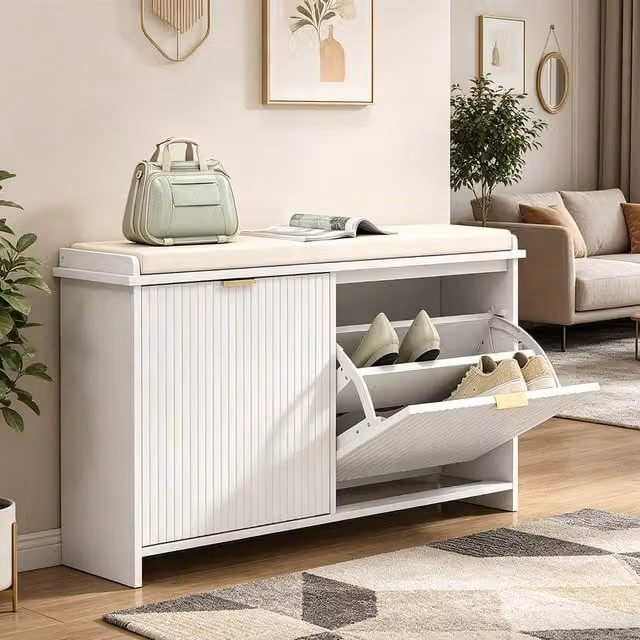 ERGOVEXA White and Gold Shoe Storage Bench with Padded Seat and 2 Flip Drawers