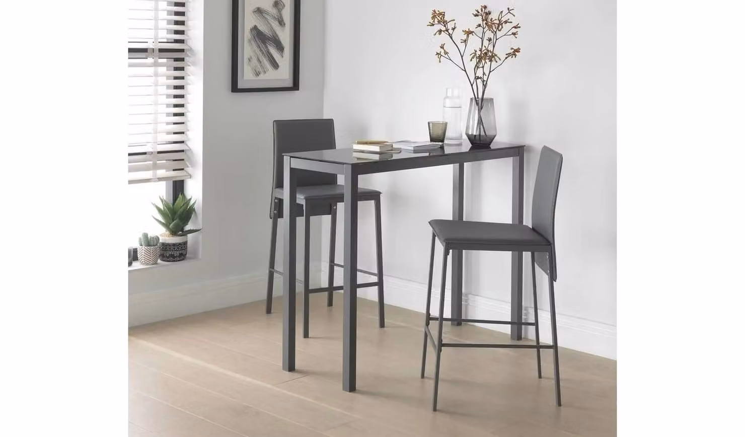 Argos Home Lido Grey Bar Table and 2 Chairs Set with Glass Top and Metal Legs, W/D/H: 90 x 40 x 40 cm
