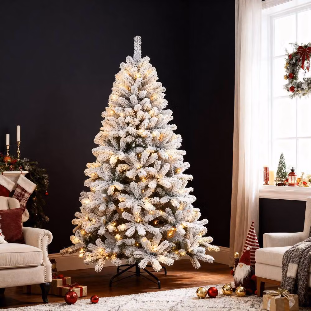 Shatchi 5ft Pre-Lit Yukon Snow Pine Christmas Tree with 130 Warm White LEDs in Green and White – 2