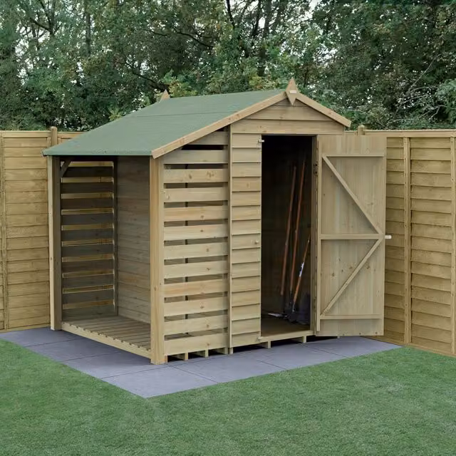 Forest Garden 4x6 Apex Wood Shed with Lean To and Double Doors in Brown