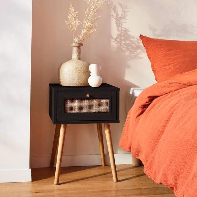 sweeek Woven Rattan Bedside Table with Drawer in Black – 1