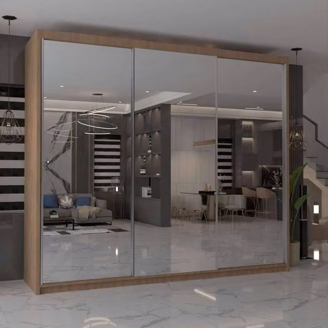 MN Furniture Cuba Sliding Mirror Wardrobe with LED Lighting in Brown, W: 250 cm, H: 217 cm
