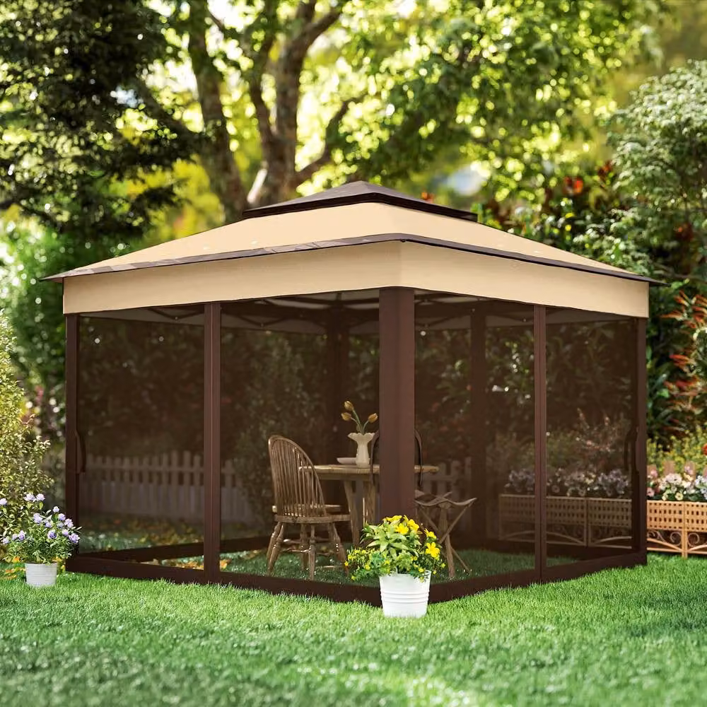 Outsunny Pop Up Gazebo with Netting and Carry Bag, Beige and Brown, W: 300 cm, D: 300 cm, H: 252 cm – 11
