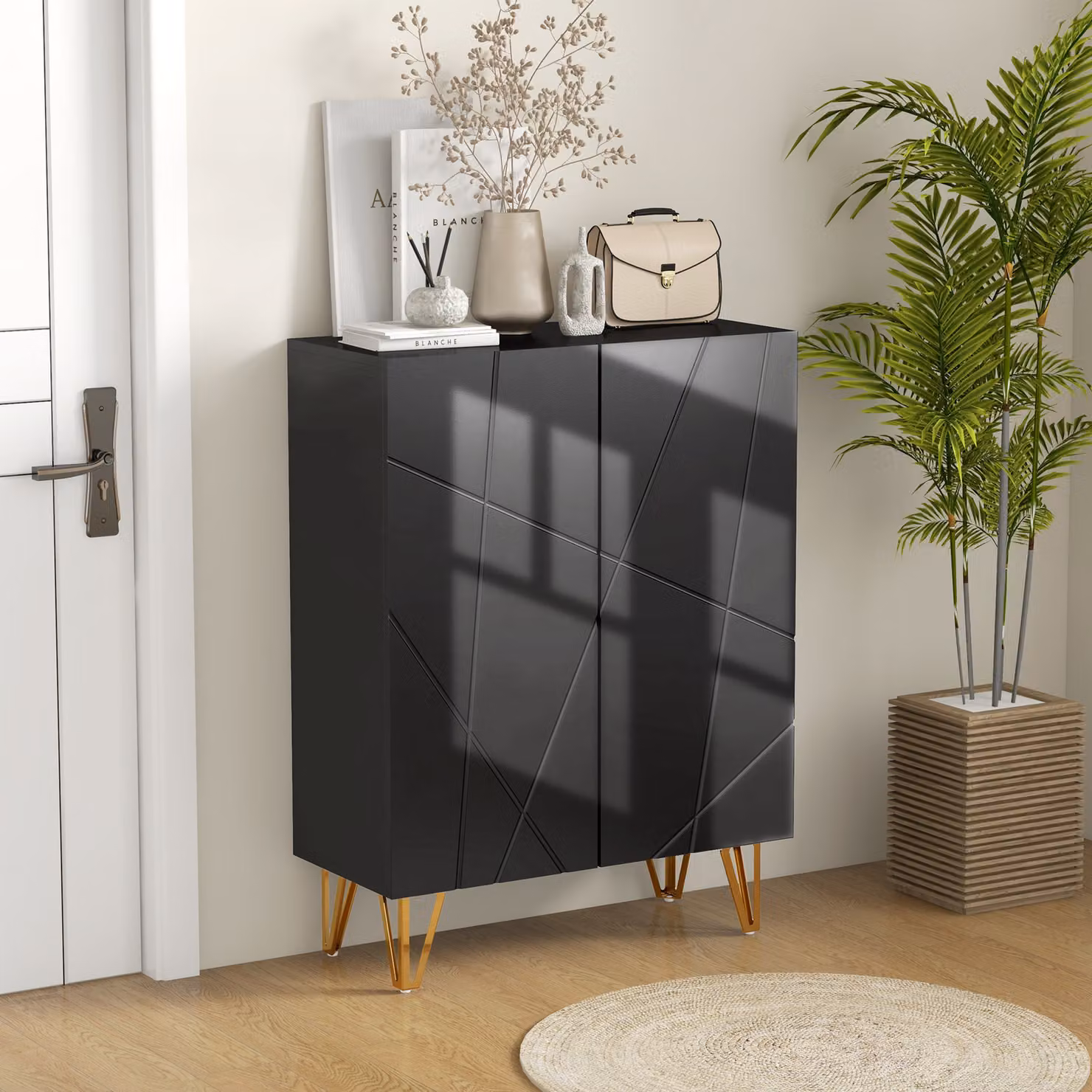 HOMCOM Narrow Black Shoe Storage Cabinet with Soft-Close Hinged Doors and Adjustable Internal Shelves – 2