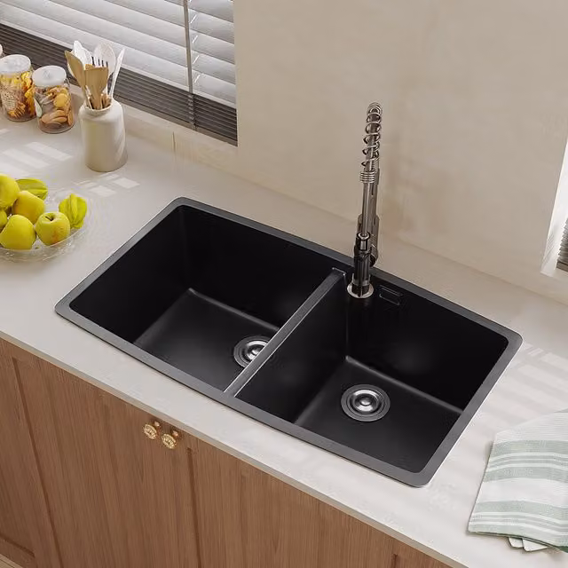 Livingandhome Black Granite Composite Undermount Double Bowl Quartz Sink
