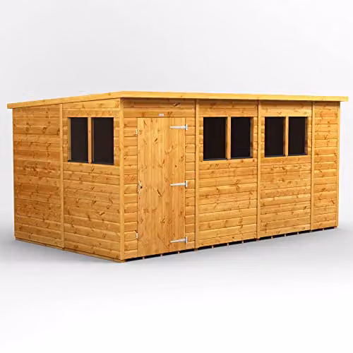 Powersheds Premium Pent Wooden Garden Shed in Brown with 12mm Extra Thick Timber and Toughened Glass Windows – 1