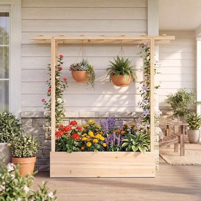 PAWNORA Brown Wooden Raised Garden Bed with Side Trellis, Height: 114 cm