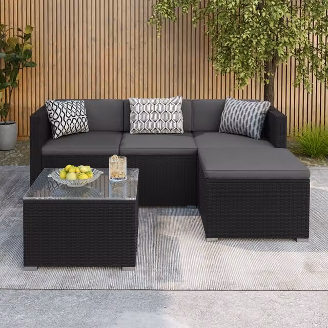 Yaheetech 5 Piece Grey Rattan Patio Sofa Set with Cushions and Glass Table