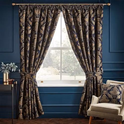 Paoletti Shiraz Floral Pencil Pleat Curtains, Blue and Gold, W: 168 cm, H: 183 cm