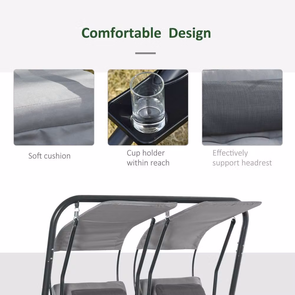 OUTSUNNY Modern Canopy Swing with 2 Separate Relax Chairs and Cup Holders in Grey – 4