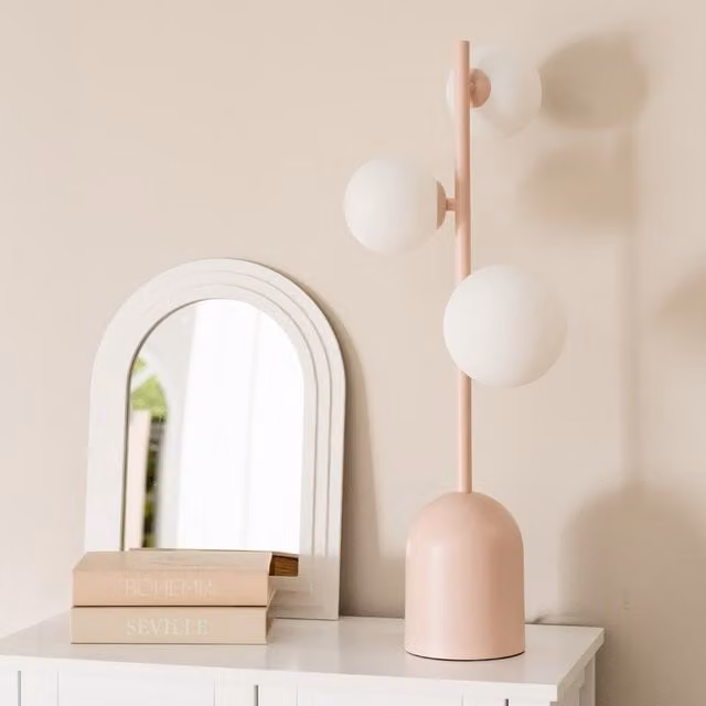 Marlow 3 Way Pink Metal and Glass Sphere Table Lamp