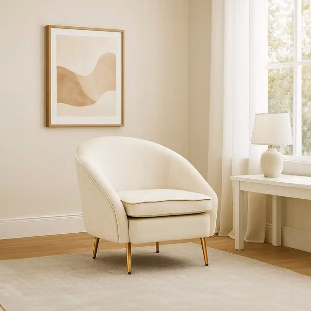 Orsina Beige Velvet Tub Armchair with Gold Metal Frame