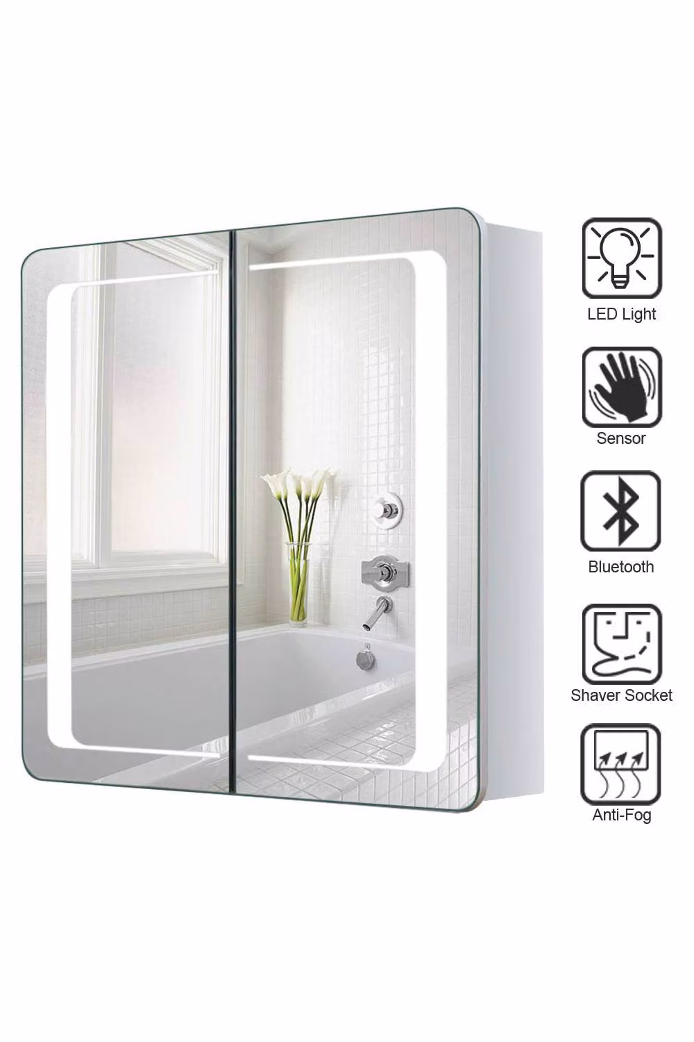 Living and Home Rectangle LED Mirror Cabinet in Silver, Wall Mounted with Integrated Lighting – 2