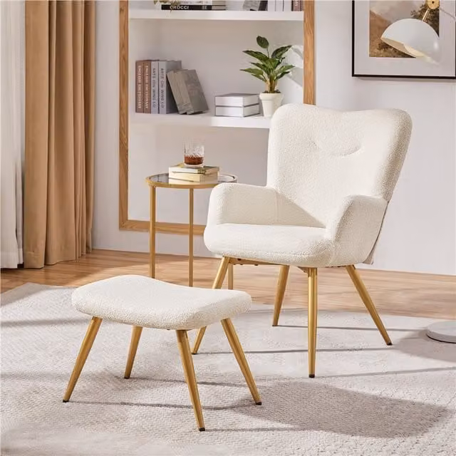 Yaheetech Modern White Bouclé Fabric Accent Chair and Matching Ottoman Set