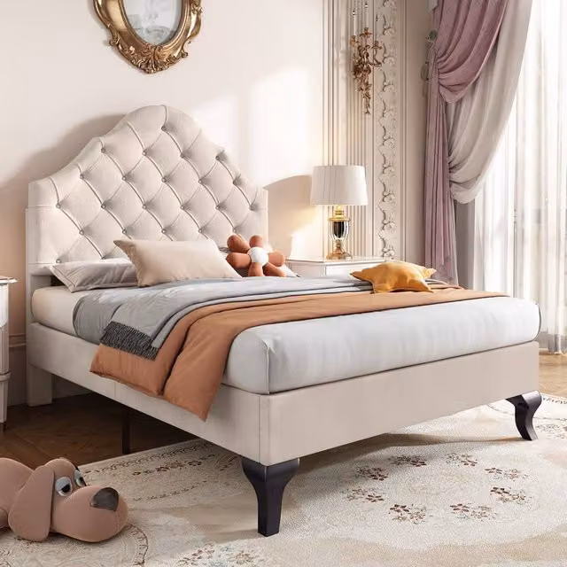 Matteo Luxurious Upholstered Single Bed in Beige with Adjustable Headboard, W/D/H: 90 x 190 cm – 1
