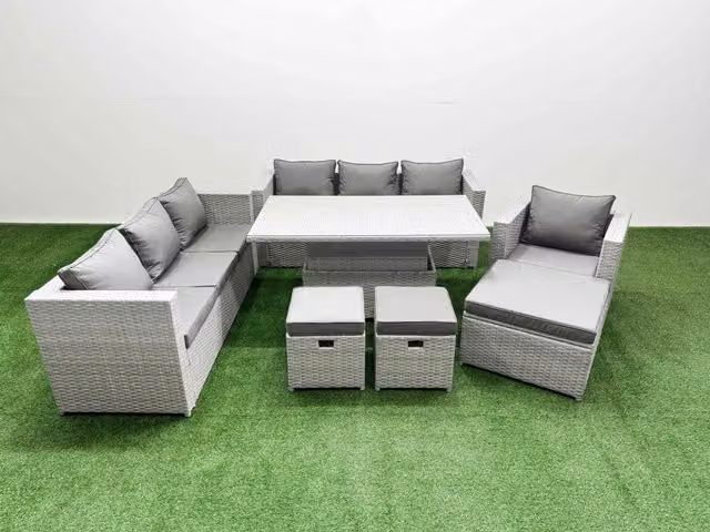 Fimous 6 Piece Rising Dining Table Set with 3 Seater Sofa in Light Grey Polyrattan and Glass