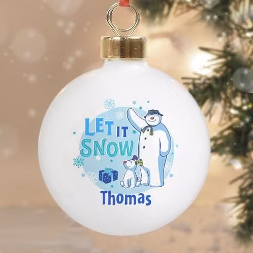 Personalised Memento Company The Snowman and the Snowdog Blue and White Glass Bauble Christmas Tree Decoration