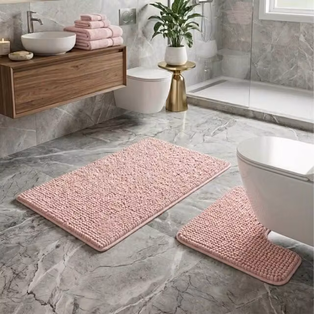 Snug City 2-Piece Chenille Loop Design Bath Mat and WC Pedestal Mat Set, Pink, W: 50 cm, L: 80 cm