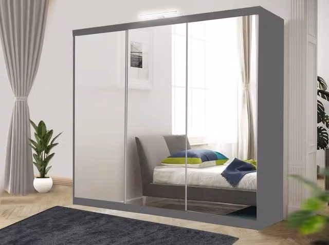 RAC3 Modern Grey Sliding Mirror Wardrobe with Integrated LED Lighting and Drawers, Width: 250 cm
