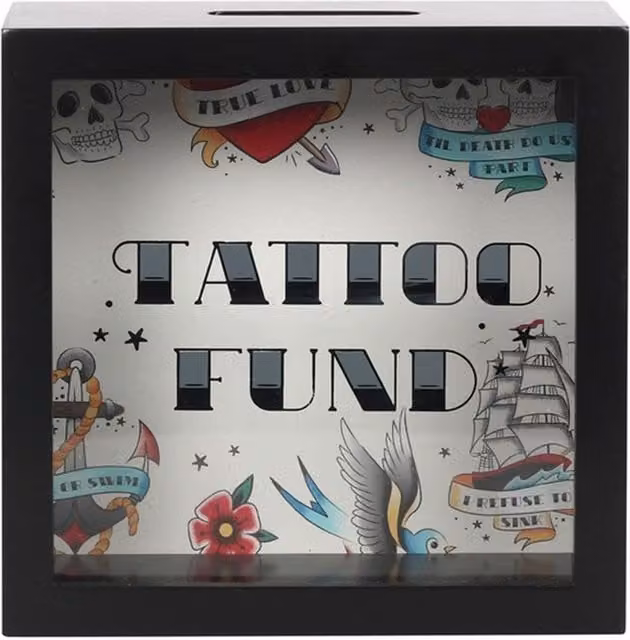 KDMK Retro Tattoo Fund Money Box, Black Glass Tabletop Square Design