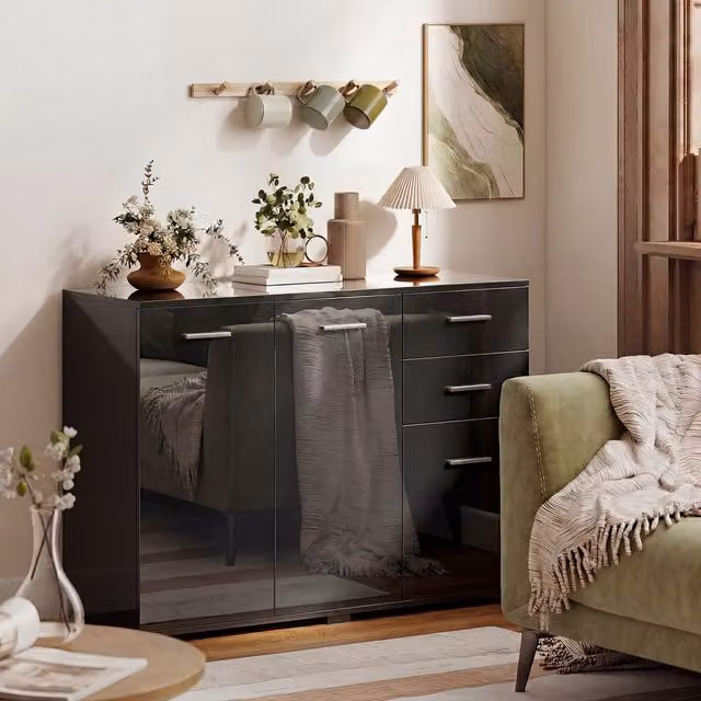 HOMCOM Modern Glossy Sideboard Kitchen Storage Cabinet with 2 Drawers in Black and White