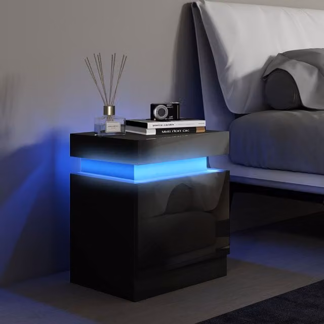 HOMCOM High Gloss Bedside Table with Integrated LED Light and 2 Drawers in Black – 1
