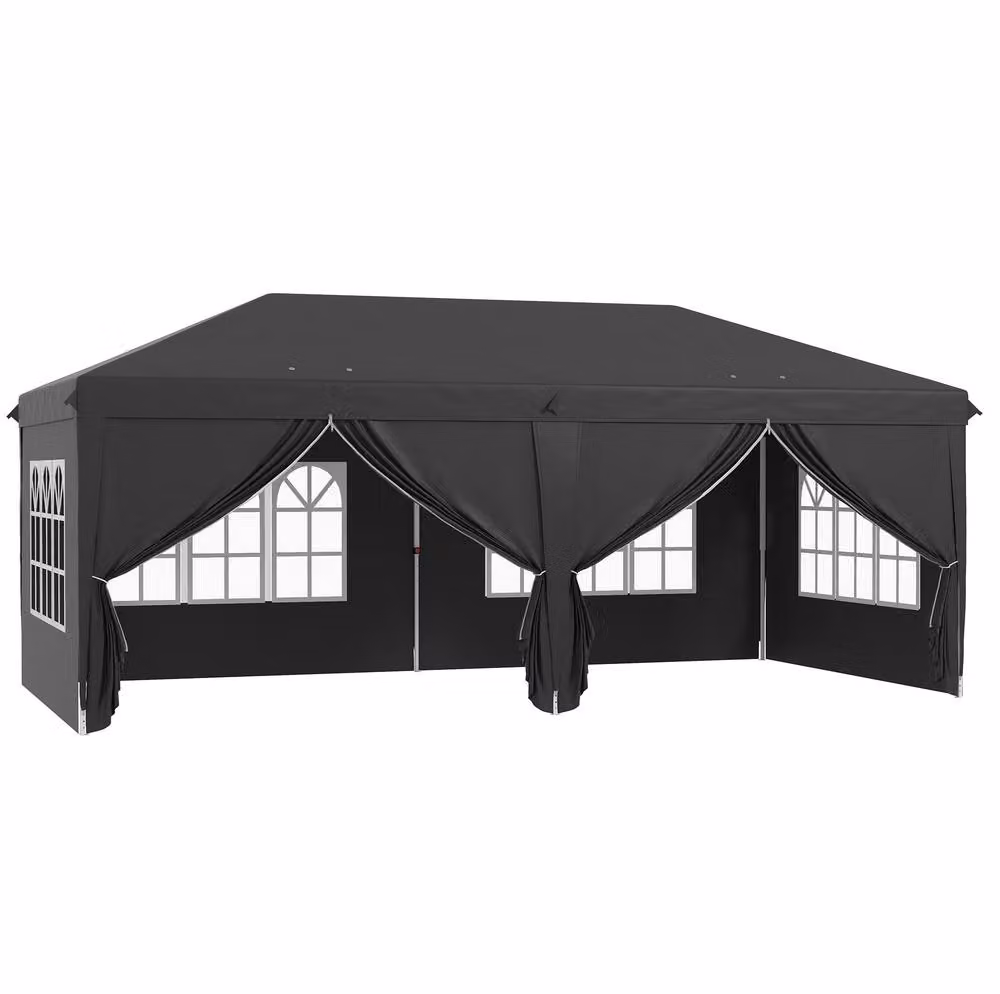 STILVORA Pop Up Gazebo with Sides and Windows, Black and Silver, W: 600 cm, D: 300 cm, H: 270 cm – 4