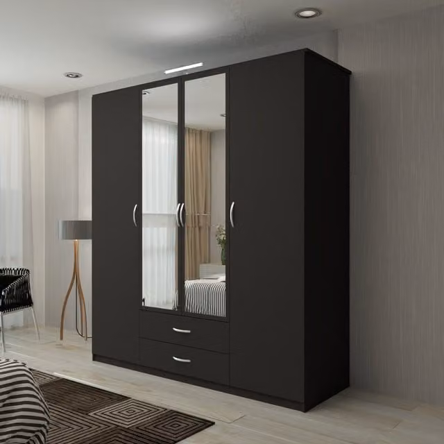 Sliding Wardrobes 4U Modern 4 Door Hinged Wardrobe with Integrated LED Light and Drawers in Black, W: 171 cm, H: 198 cm
