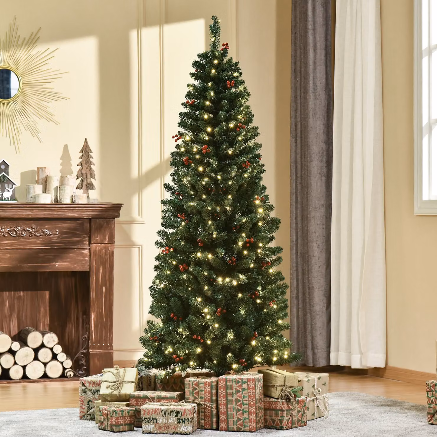 HOMCOM 6ft Prelit Artificial Pencil Christmas Tree with Warm White LED Lights and Red Berries, Green – 2