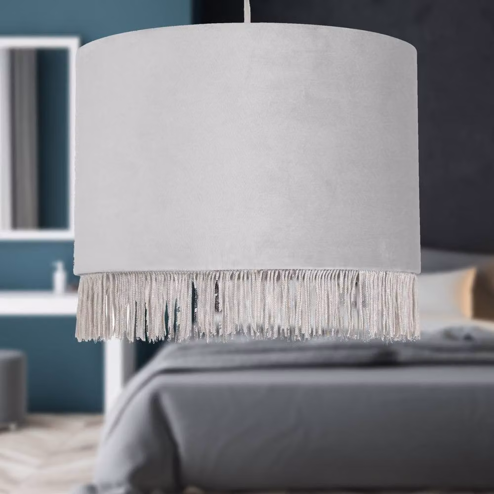 First Choice Lighting Silvery Grey Fringed Velvet Cylinder Pendant Lamp Shade, Diameter: 23 cm – 2