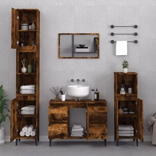 Berkfield Home Smoked Oak Sink Cabinet in Brown, W/D/H: 80 x 33 x 60 cm – 1