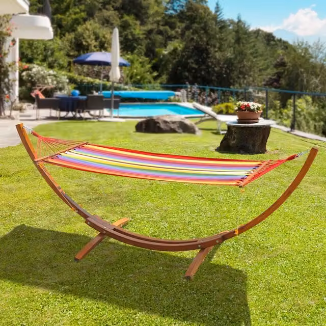Outsunny Multicolour Striped Fabric Hammock with Treated Hardwood Stand and Spreader Bars