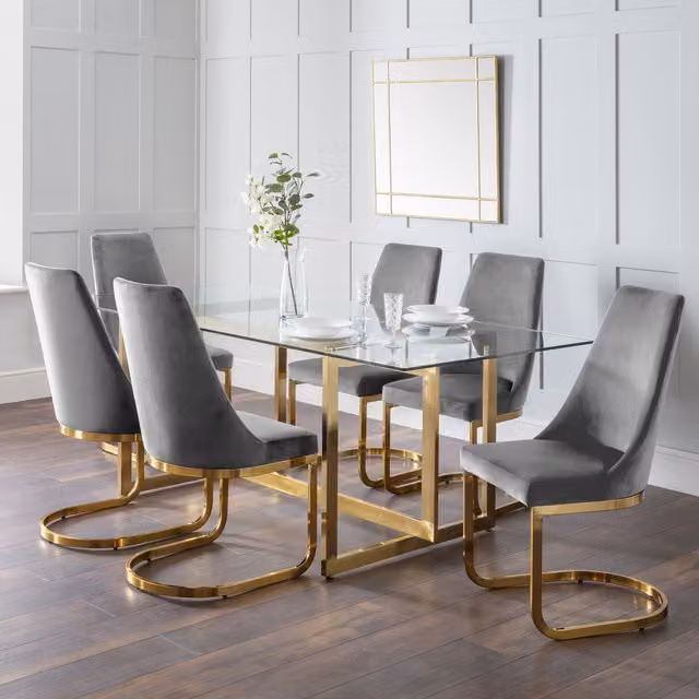Julian Bowen Minori Rectangular Glass Dining Table and 6 Vittoria Chairs Set in Grey and Gold